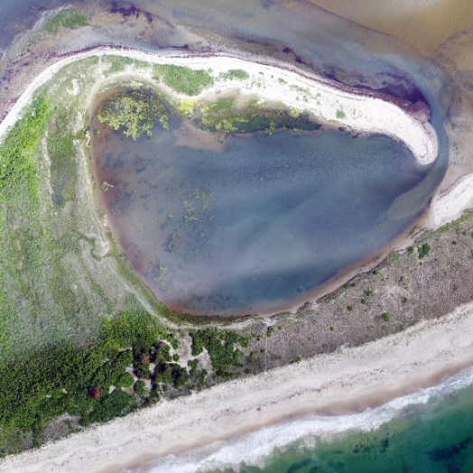 view of napatree point conservation area from above with sandy beaches, vegetation, and blue water